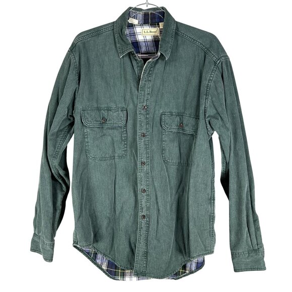 L.L. Bean Mens M Green Denim Canvas Shacket Hurricane Plaid Lining Canada Made - Picture 5 of 16
